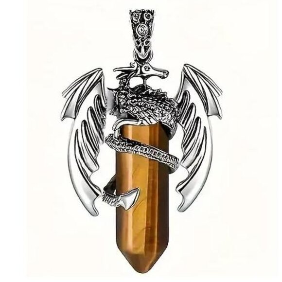 Tiger Eye Natural Gemstone Hexagon Prism Dragon Pendant Necklace Gemstone - Picture 1 of 1